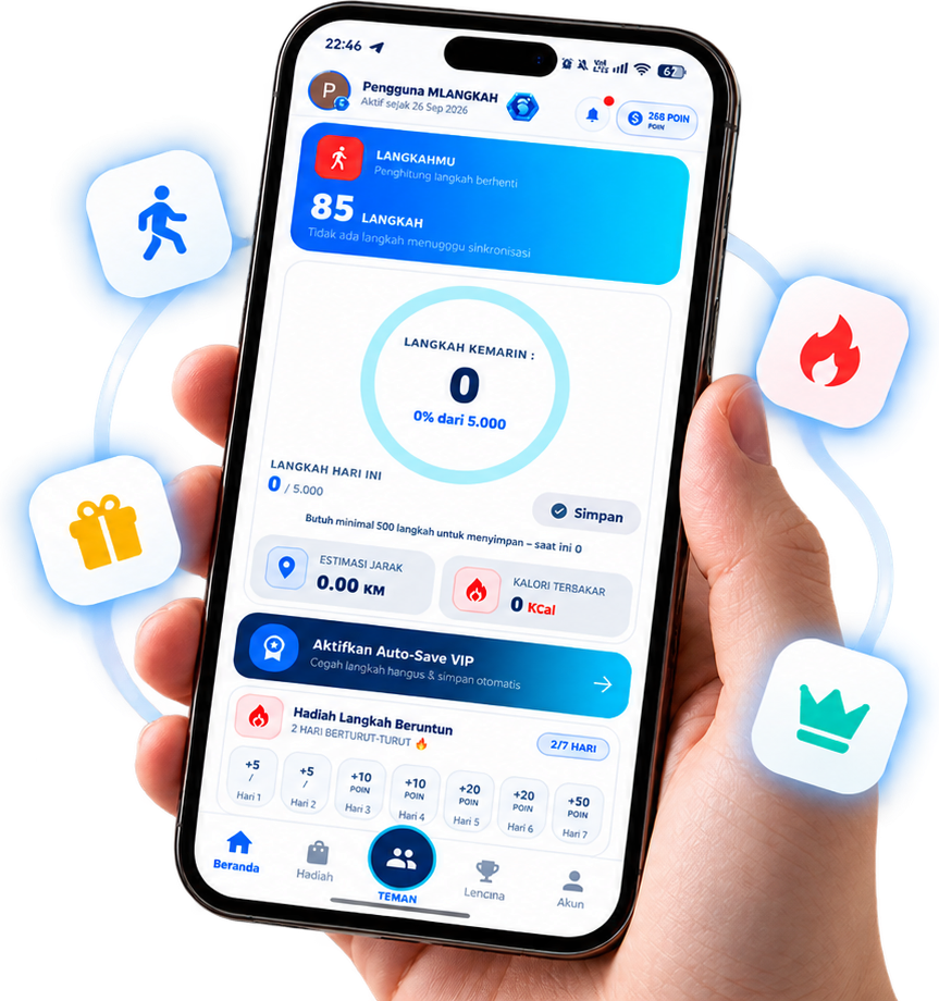 Mockup ponsel yang menampilkan aplikasi MLANGKAH dengan reward langkah kaki